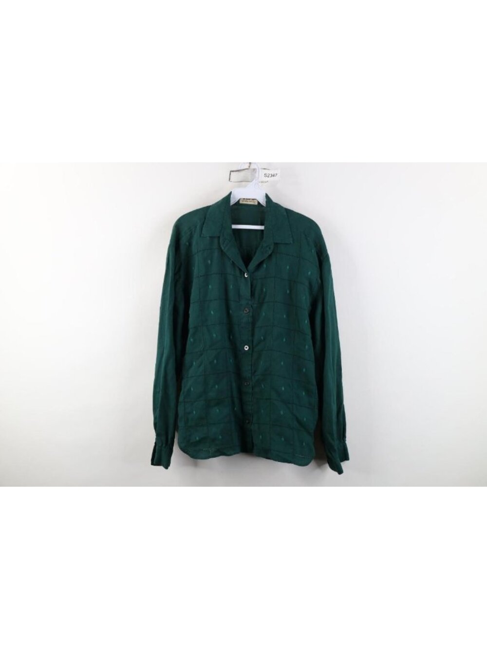 Vintage 90s Streetwear Womens 46 Gauzy Linen Geometric Collared Shirt Green